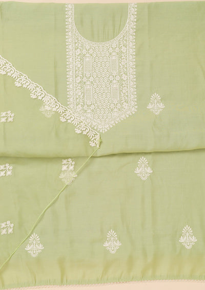 Pista Green Threadwork Semi Crepe Unstitched Salwar Suit-Koskii