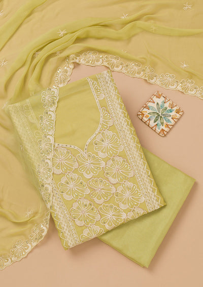 Pista Green Threadwork Semi Crepe Unstitched Salwar Suit-Koskii