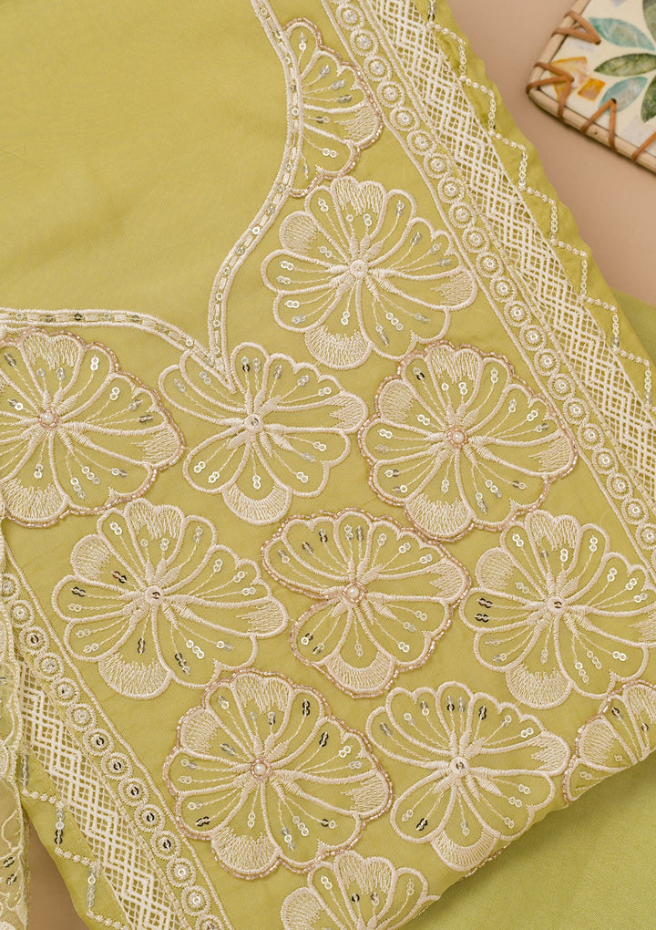 Pista Green Threadwork Semi Crepe Unstitched Salwar Suit-Koskii