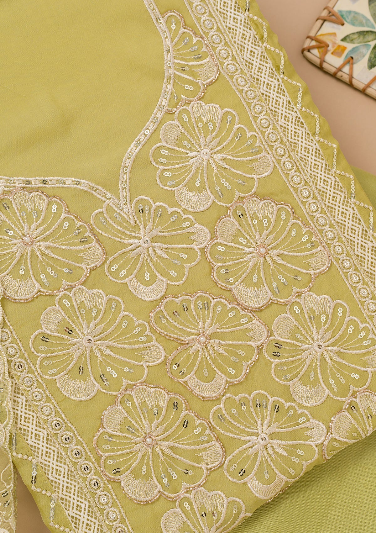 Pista Green Threadwork Semi Crepe Unstitched Salwar Suit-Koskii