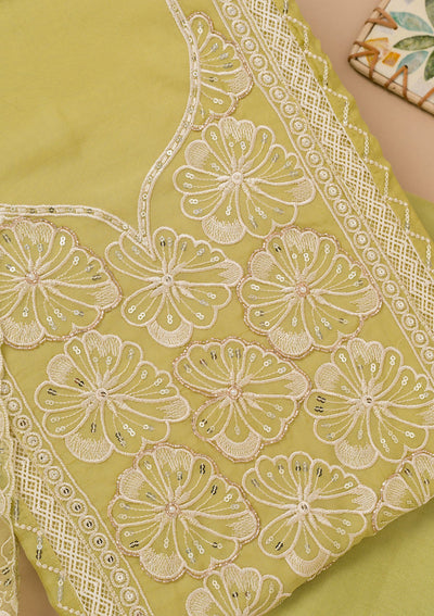 Pista Green Threadwork Semi Crepe Unstitched Salwar Suit-Koskii