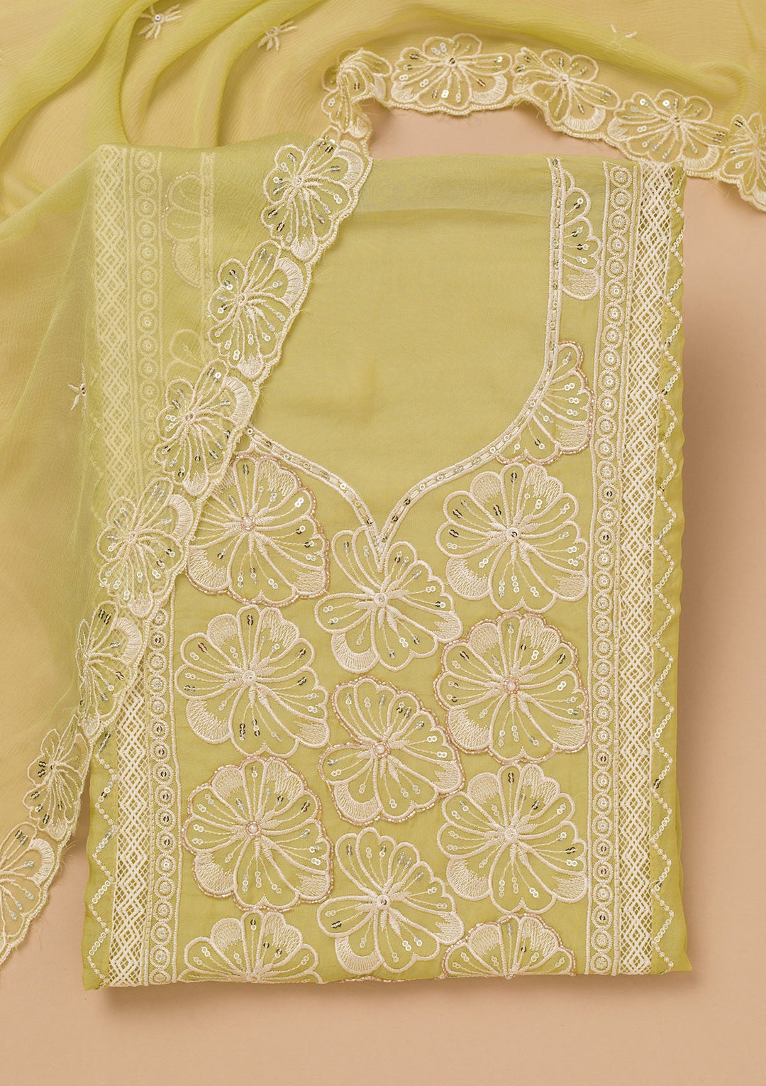 Pista Green Threadwork Semi Crepe Unstitched Salwar Suit-Koskii