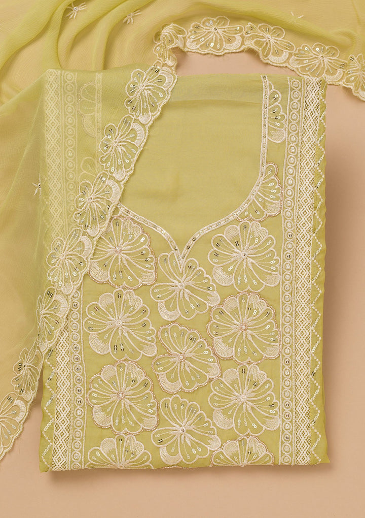 Pista Green Threadwork Semi Crepe Unstitched Salwar Suit-Koskii
