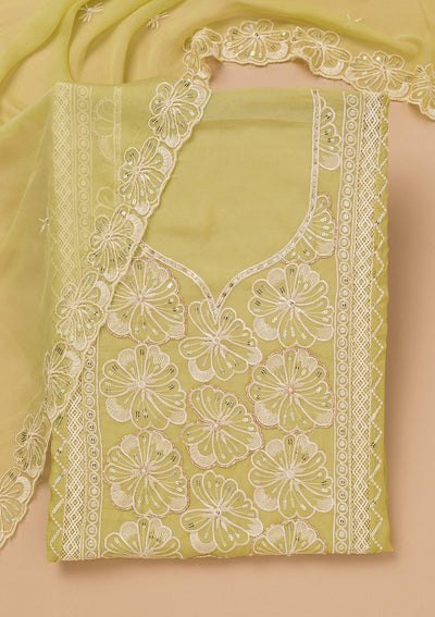 Pista Green Threadwork Semi Crepe Unstitched Salwar Suit-Koskii
