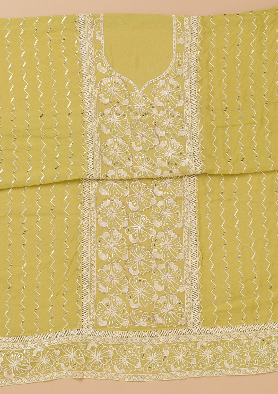 Pista Green Threadwork Semi Crepe Unstitched Salwar Suit-Koskii