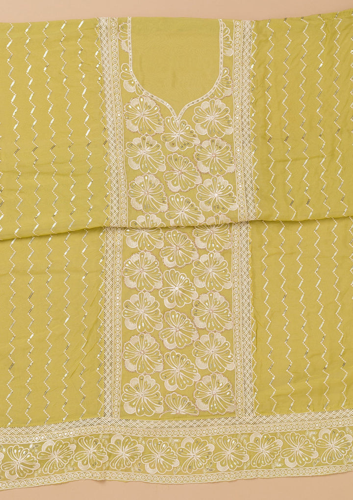 Pista Green Threadwork Semi Crepe Unstitched Salwar Suit-Koskii