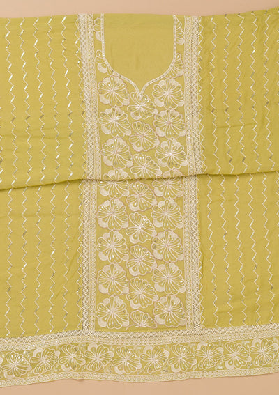 Pista Green Threadwork Semi Crepe Unstitched Salwar Suit-Koskii