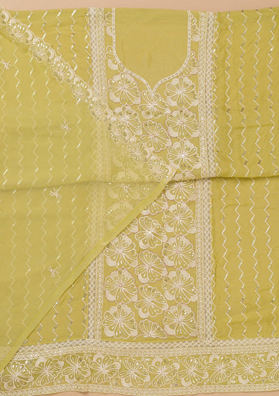 Pista Green Threadwork Semi Crepe Unstitched Salwar Suit-Koskii