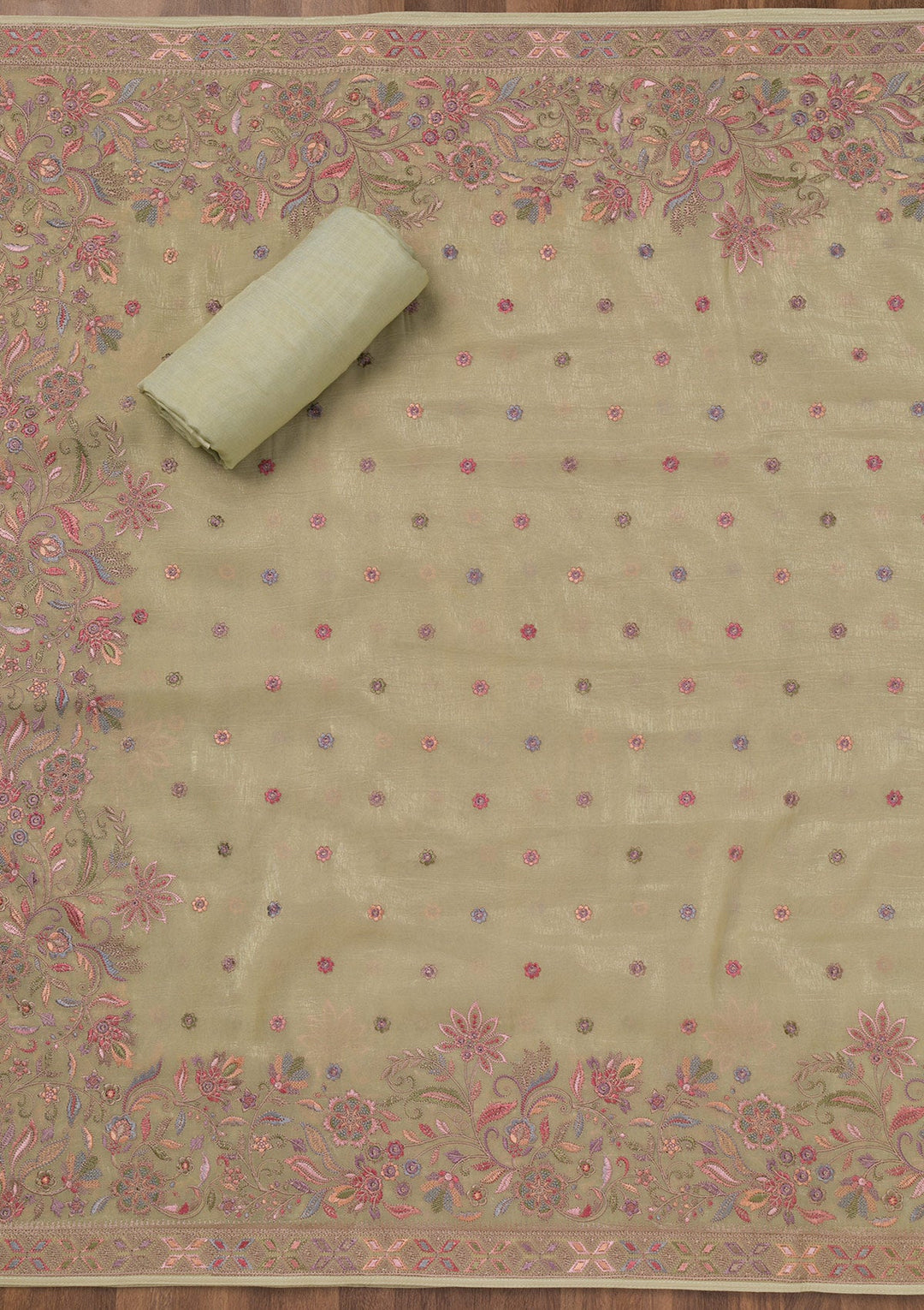 Pista Green Threadwork Semi Crepe Unstitched Salwar Suit-Koskii