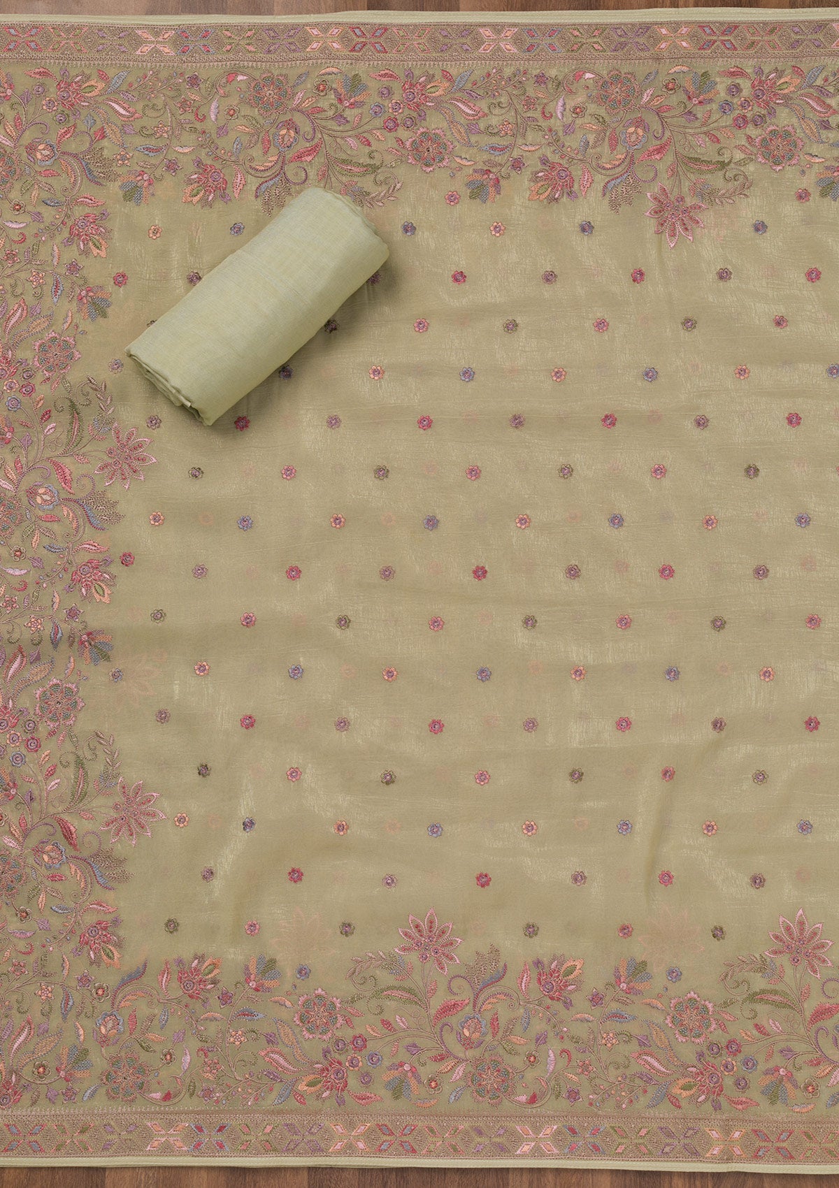 Pista Green Threadwork Semi Crepe Unstitched Salwar Suit-Koskii