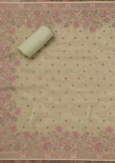 Pista Green Threadwork Semi Crepe Unstitched Salwar Suit-Koskii