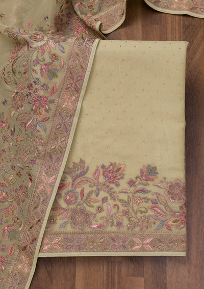 Pista Green Threadwork Semi Crepe Unstitched Salwar Suit-Koskii