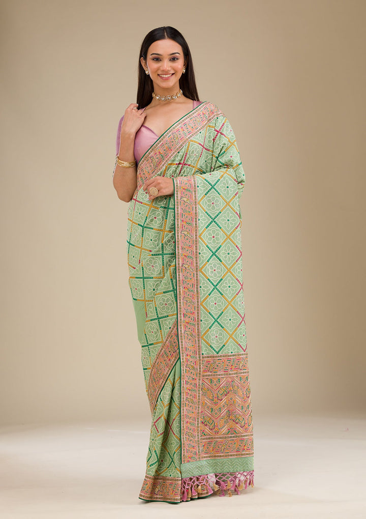 Pista Green Threadwork Soft Silk Saree-Koskii