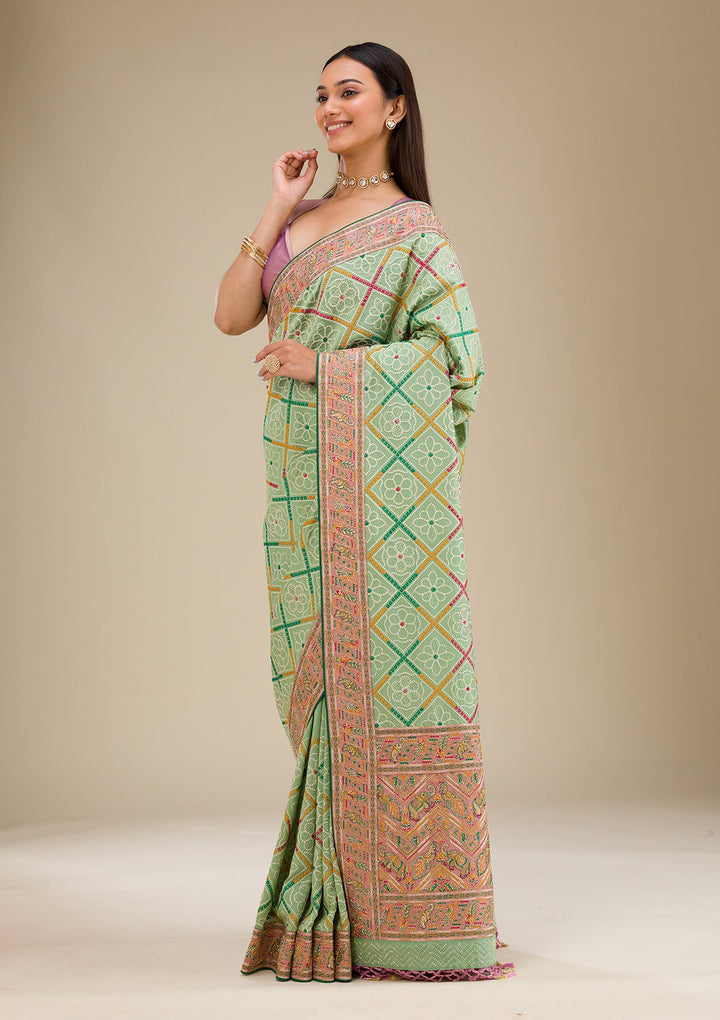 Pista Green Threadwork Soft Silk Saree-Koskii