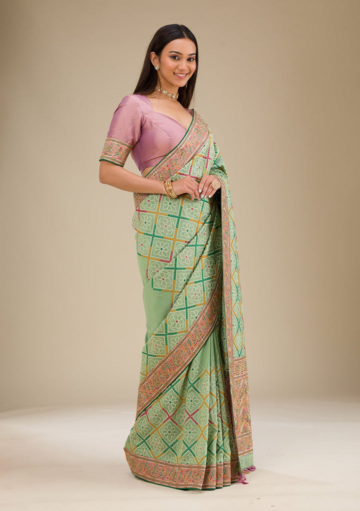 Pista Green Threadwork Soft Silk Saree-Koskii