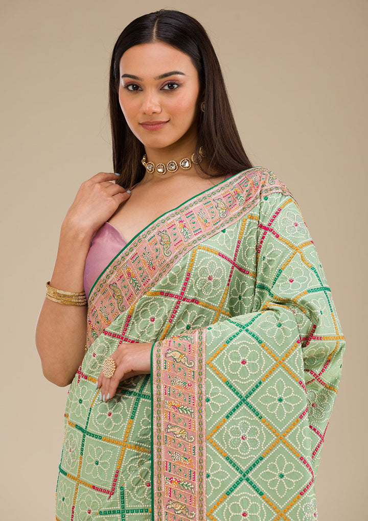 Pista Green Threadwork Soft Silk Saree-Koskii
