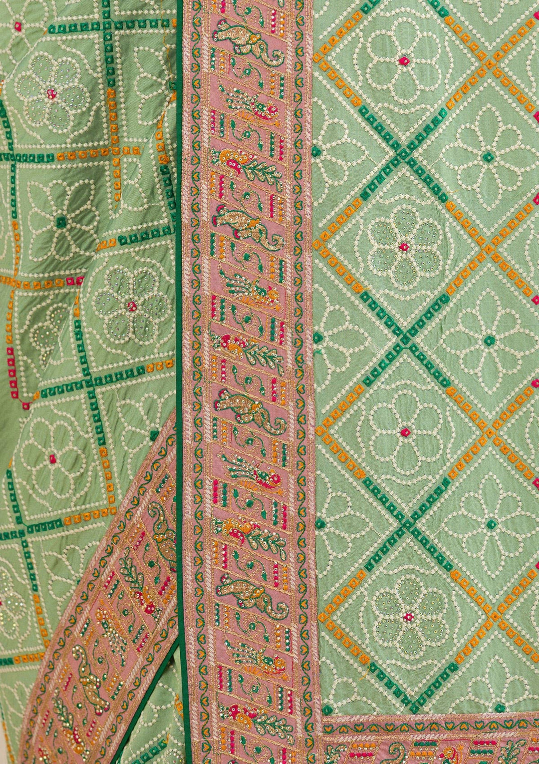 Pista Green Threadwork Soft Silk Saree-Koskii