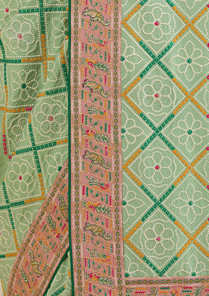 Pista Green Threadwork Soft Silk Saree-Koskii