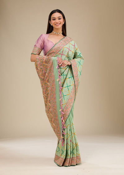 Pista Green Threadwork Soft Silk Saree-Koskii