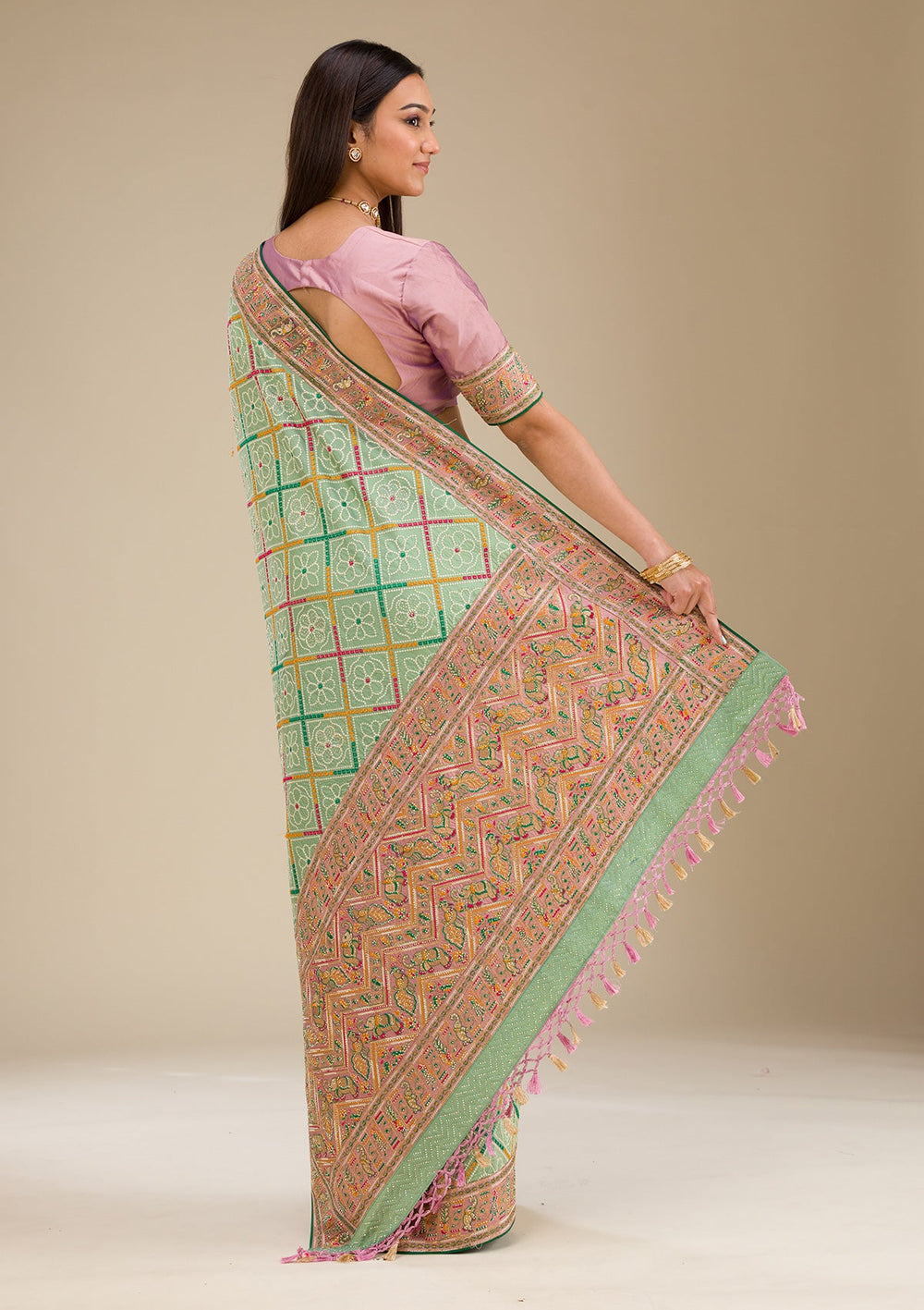 Pista Green Threadwork Soft Silk Saree-Koskii
