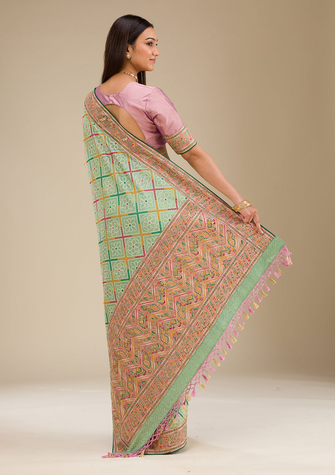 Pista Green Threadwork Soft Silk Saree-Koskii