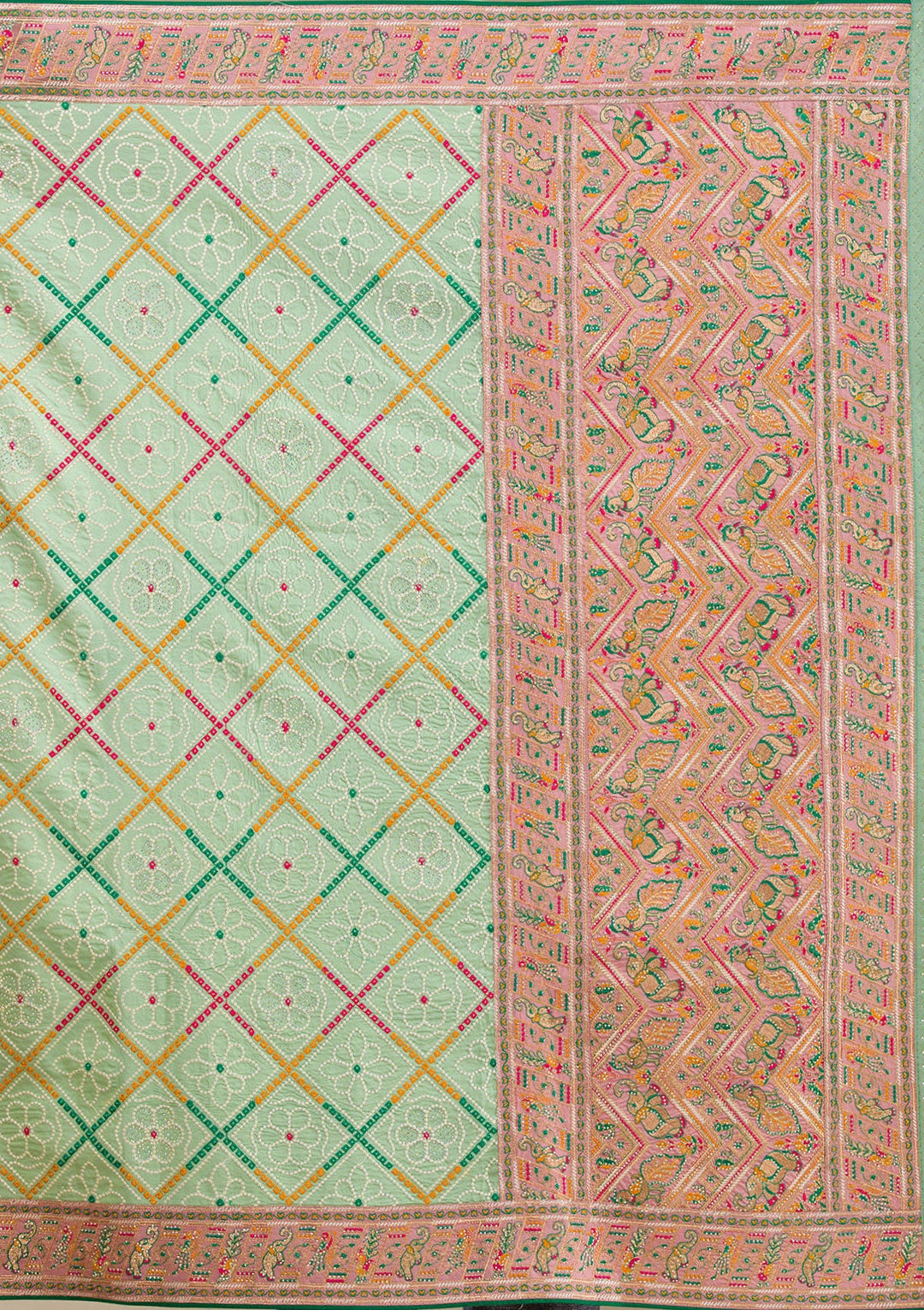 Pista Green Threadwork Soft Silk Saree-Koskii