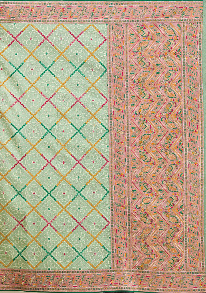 Pista Green Threadwork Soft Silk Saree-Koskii