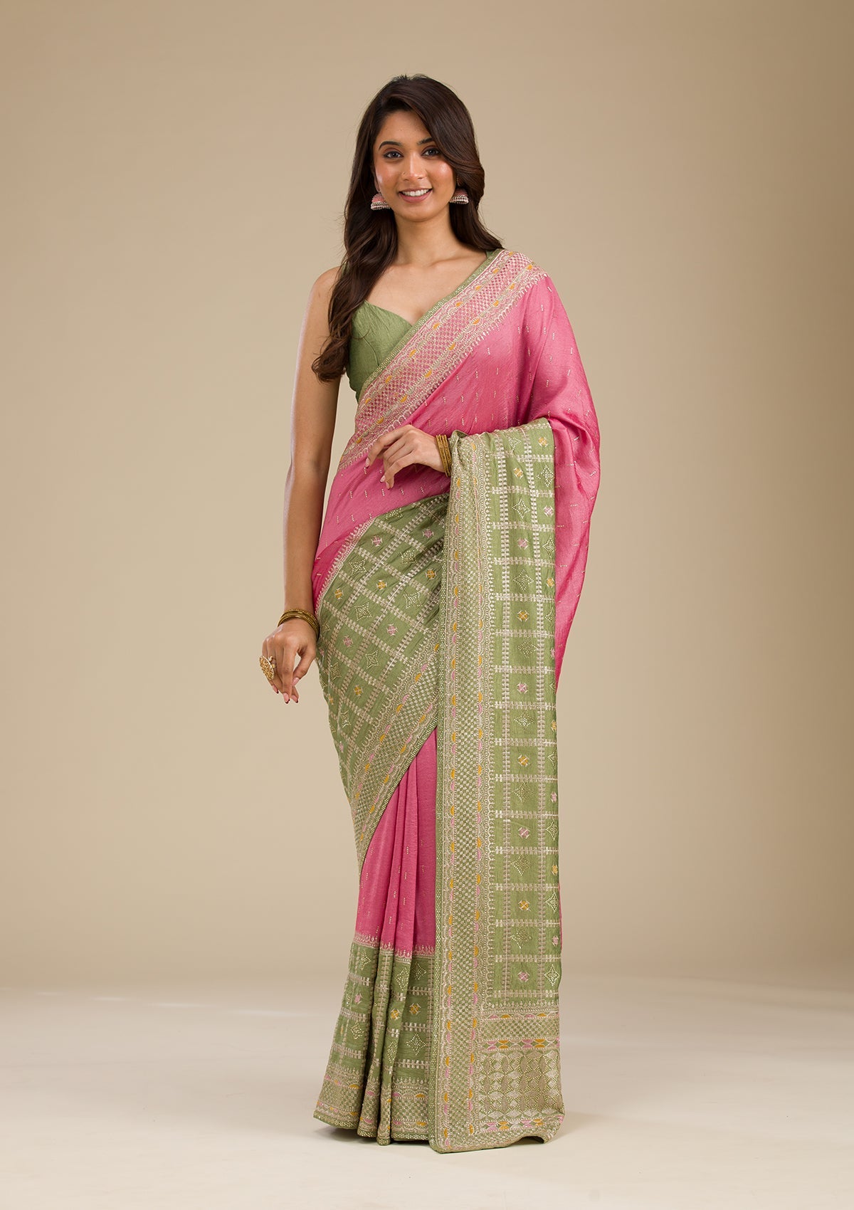 Pista Green Threadwork Soft Silk Saree-Koskii