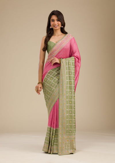 Pista Green Threadwork Soft Silk Saree-Koskii