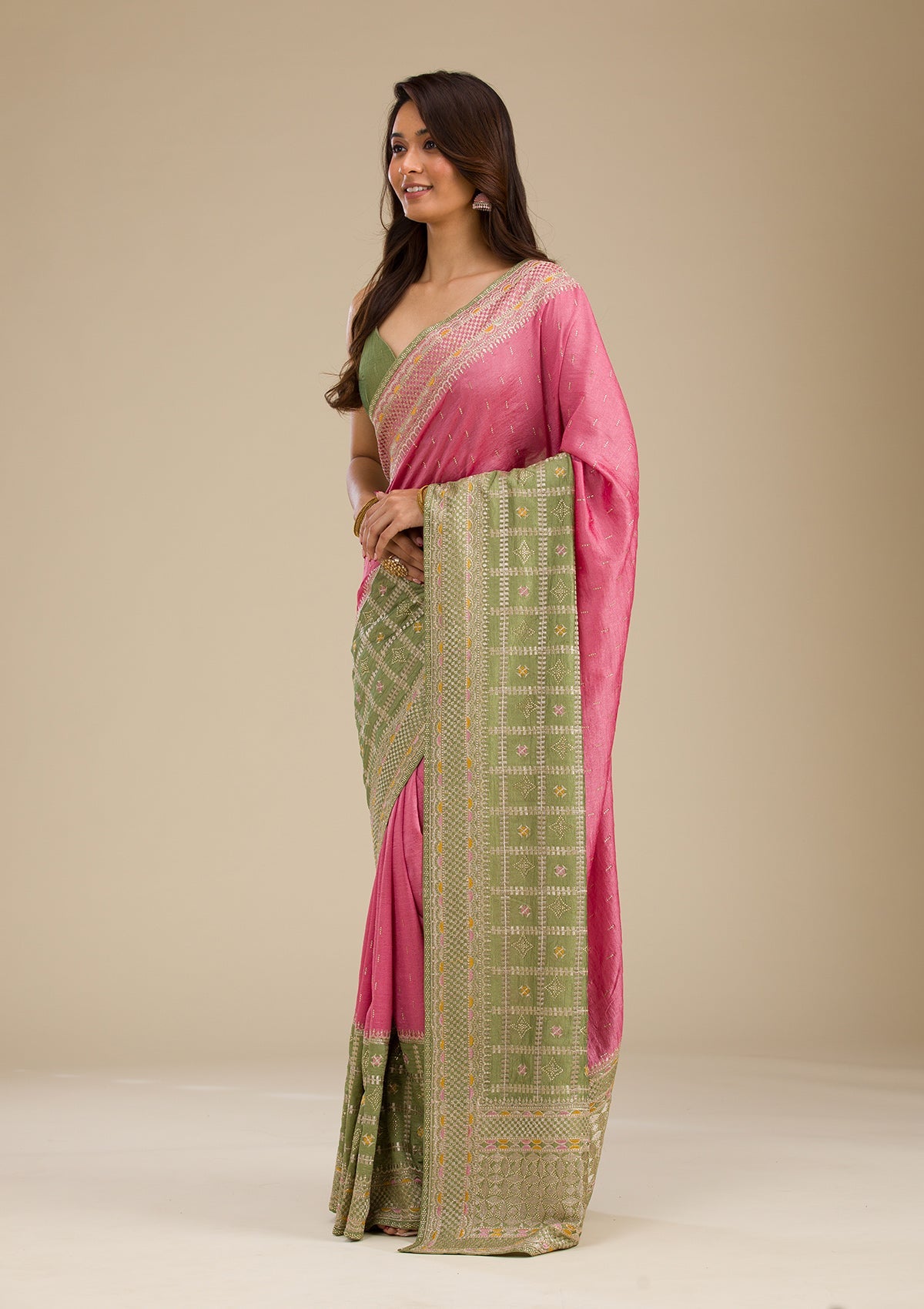 Pista Green Threadwork Soft Silk Saree-Koskii