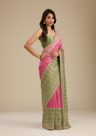 Pista Green Threadwork Soft Silk Saree-Koskii