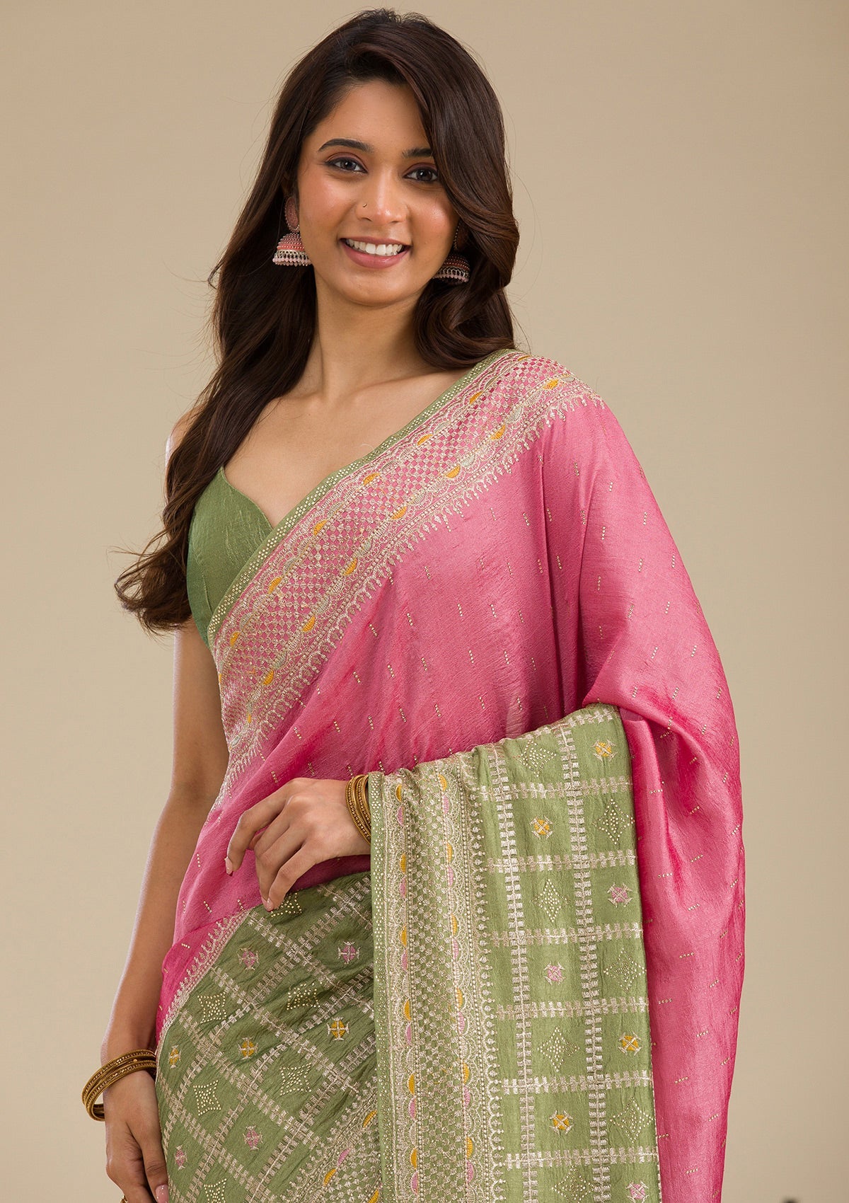 Pista Green Threadwork Soft Silk Saree-Koskii