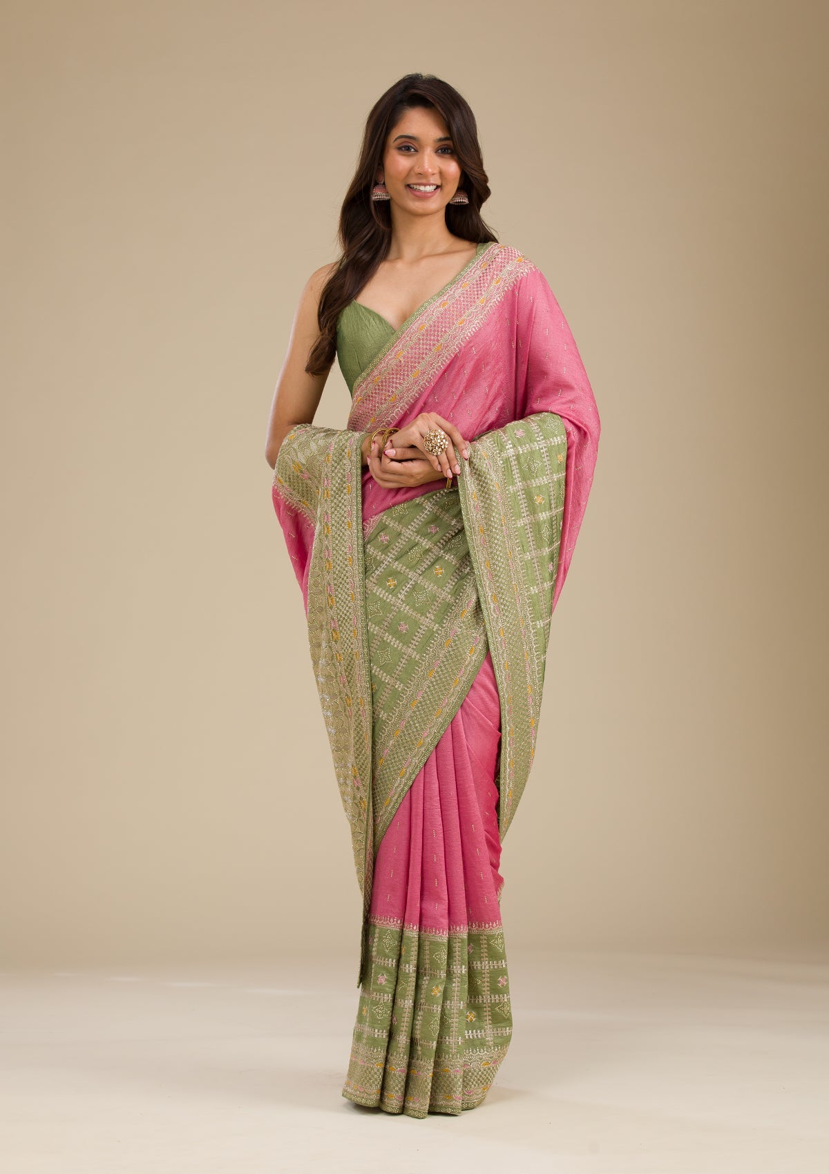 Pista Green Threadwork Soft Silk Saree-Koskii