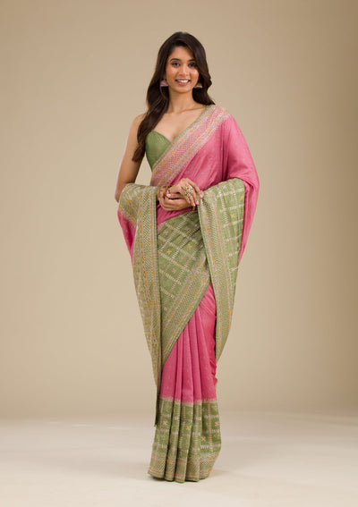 Pista Green Threadwork Soft Silk Saree-Koskii