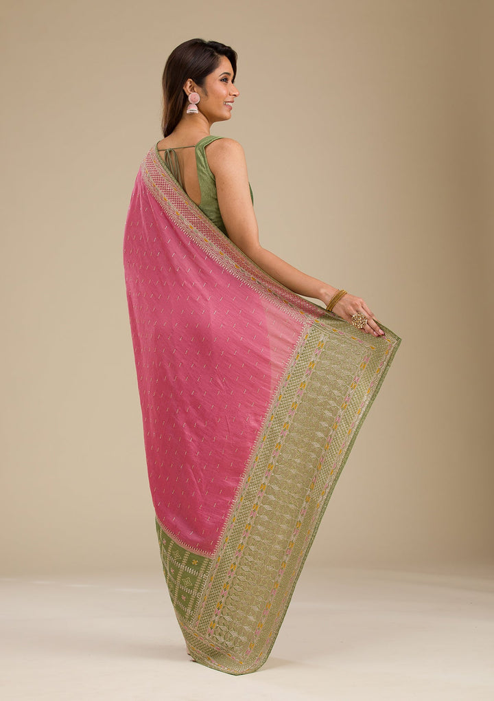 Pista Green Threadwork Soft Silk Saree-Koskii