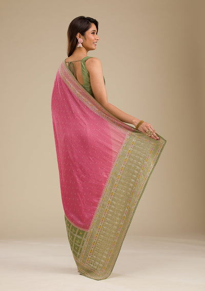 Pista Green Threadwork Soft Silk Saree-Koskii