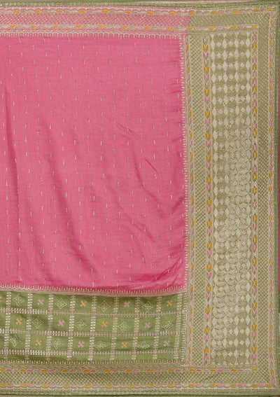 Pista Green Threadwork Soft Silk Saree-Koskii