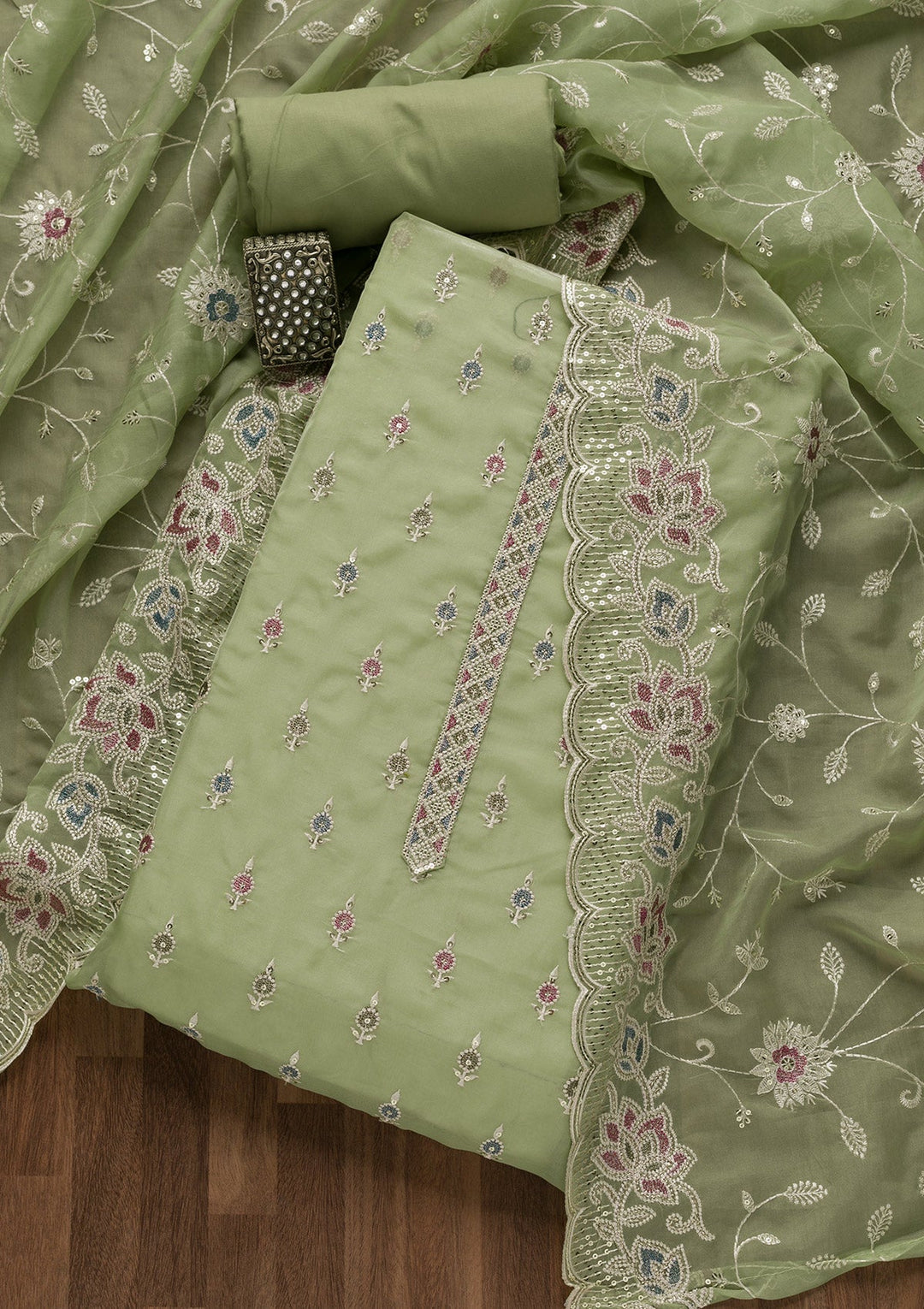 Pista Green Threadwork Tissue Unstitched Salwar Suit-Koskii