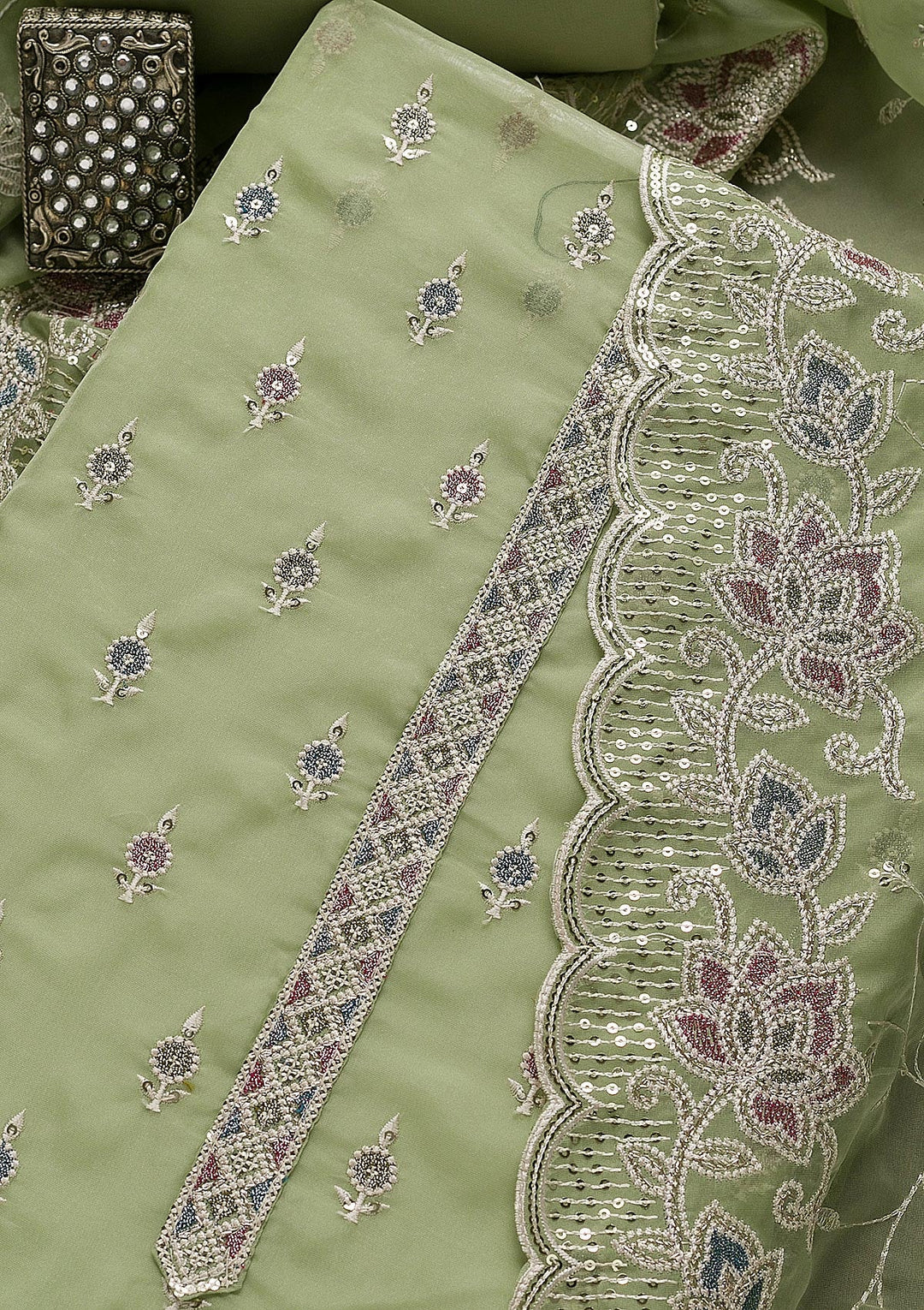 Pista Green Threadwork Tissue Unstitched Salwar Suit-Koskii