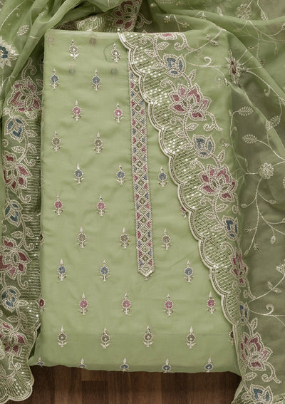 Pista Green Threadwork Tissue Unstitched Salwar Suit-Koskii