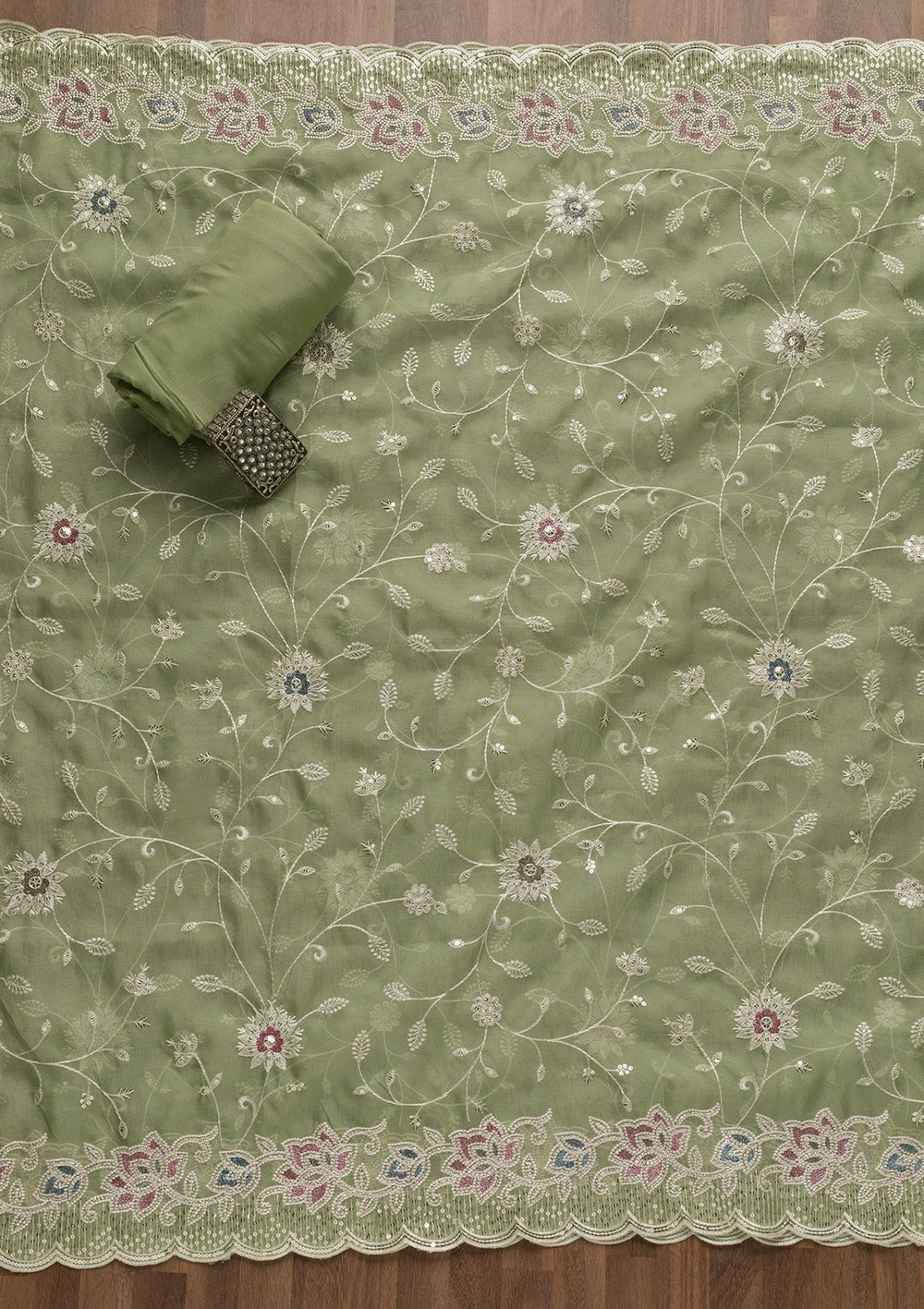 Pista Green Threadwork Tissue Unstitched Salwar Suit-Koskii