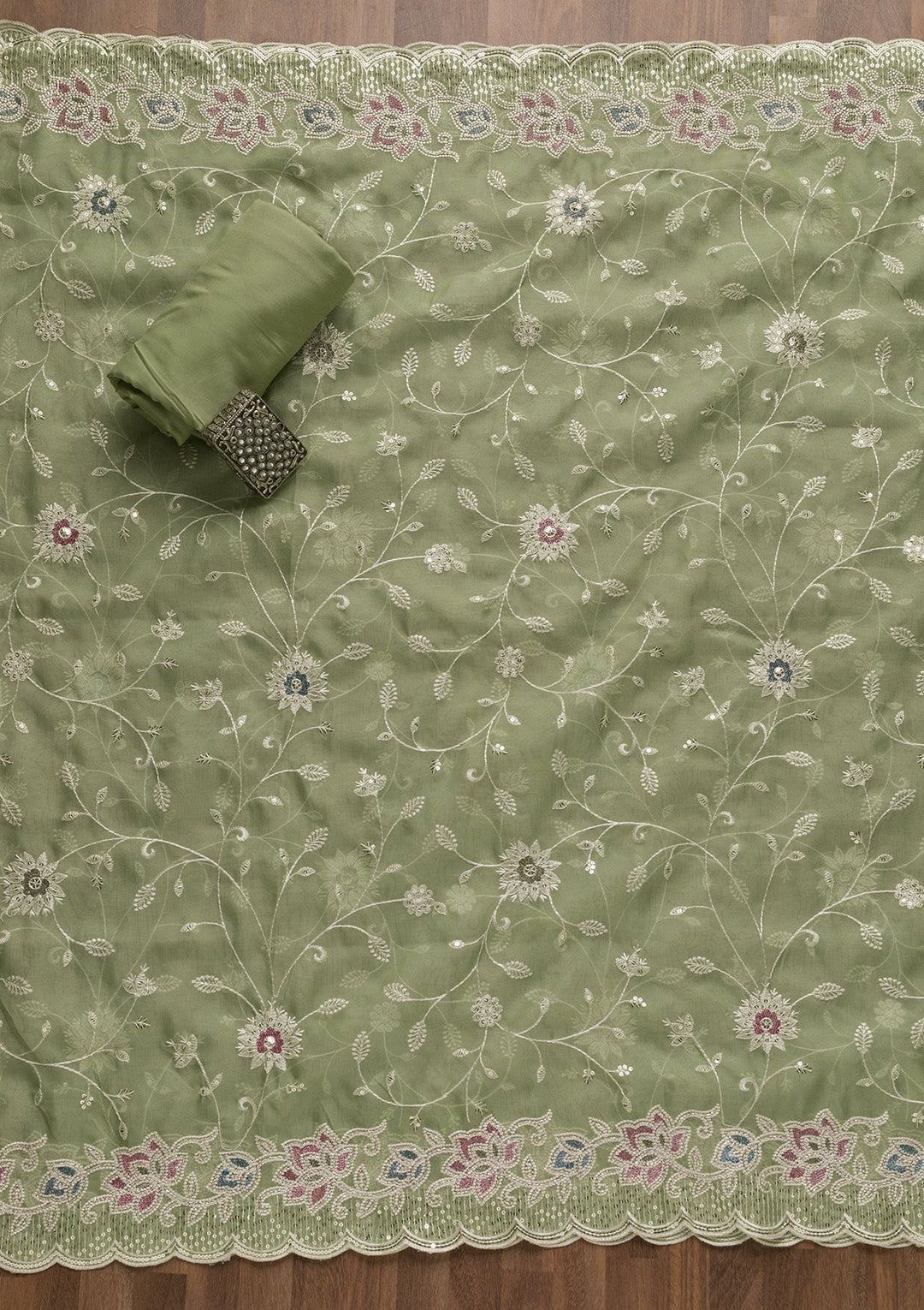 Pista Green Threadwork Tissue Unstitched Salwar Suit-Koskii