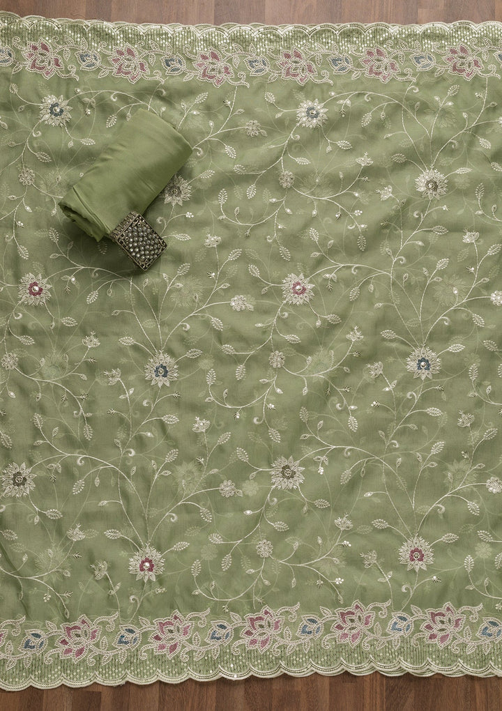 Pista Green Threadwork Tissue Unstitched Salwar Suit-Koskii
