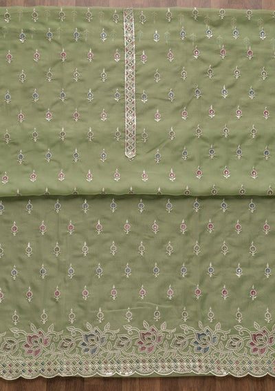 Pista Green Threadwork Tissue Unstitched Salwar Suit-Koskii