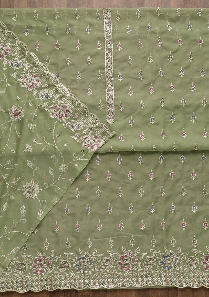 Pista Green Threadwork Tissue Unstitched Salwar Suit-Koskii