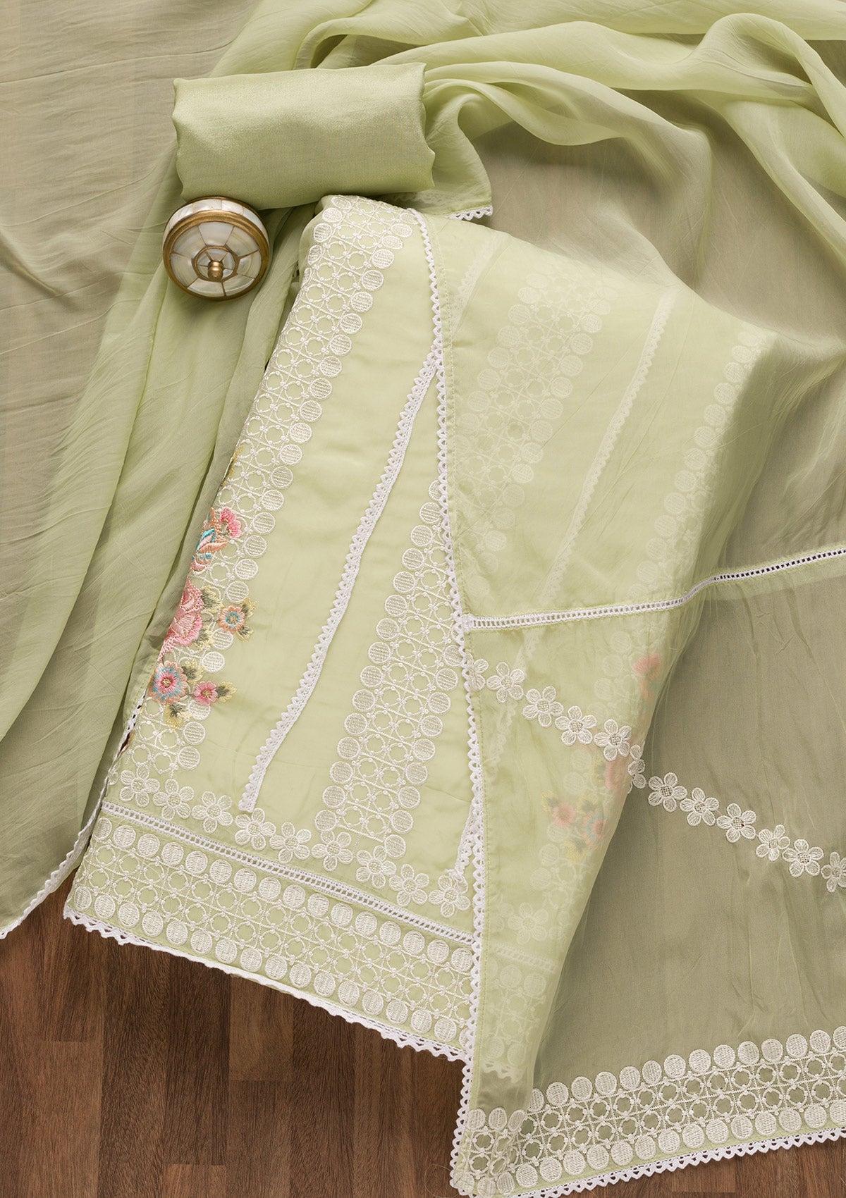 Pista Green Threadwork Tissue Unstitched Salwar Suit-Koskii