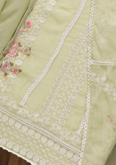 Pista Green Threadwork Tissue Unstitched Salwar Suit-Koskii