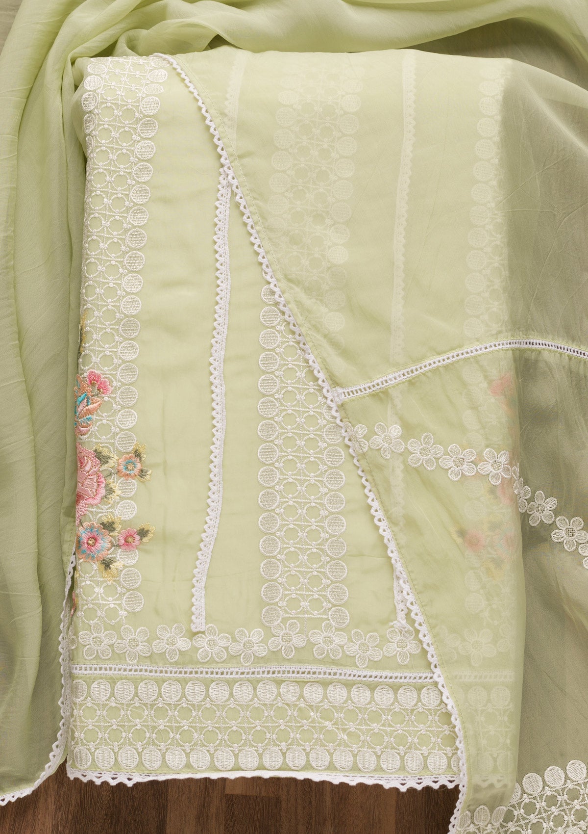 Pista Green Threadwork Tissue Unstitched Salwar Suit-Koskii