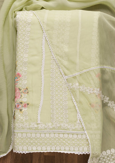 Pista Green Threadwork Tissue Unstitched Salwar Suit-Koskii