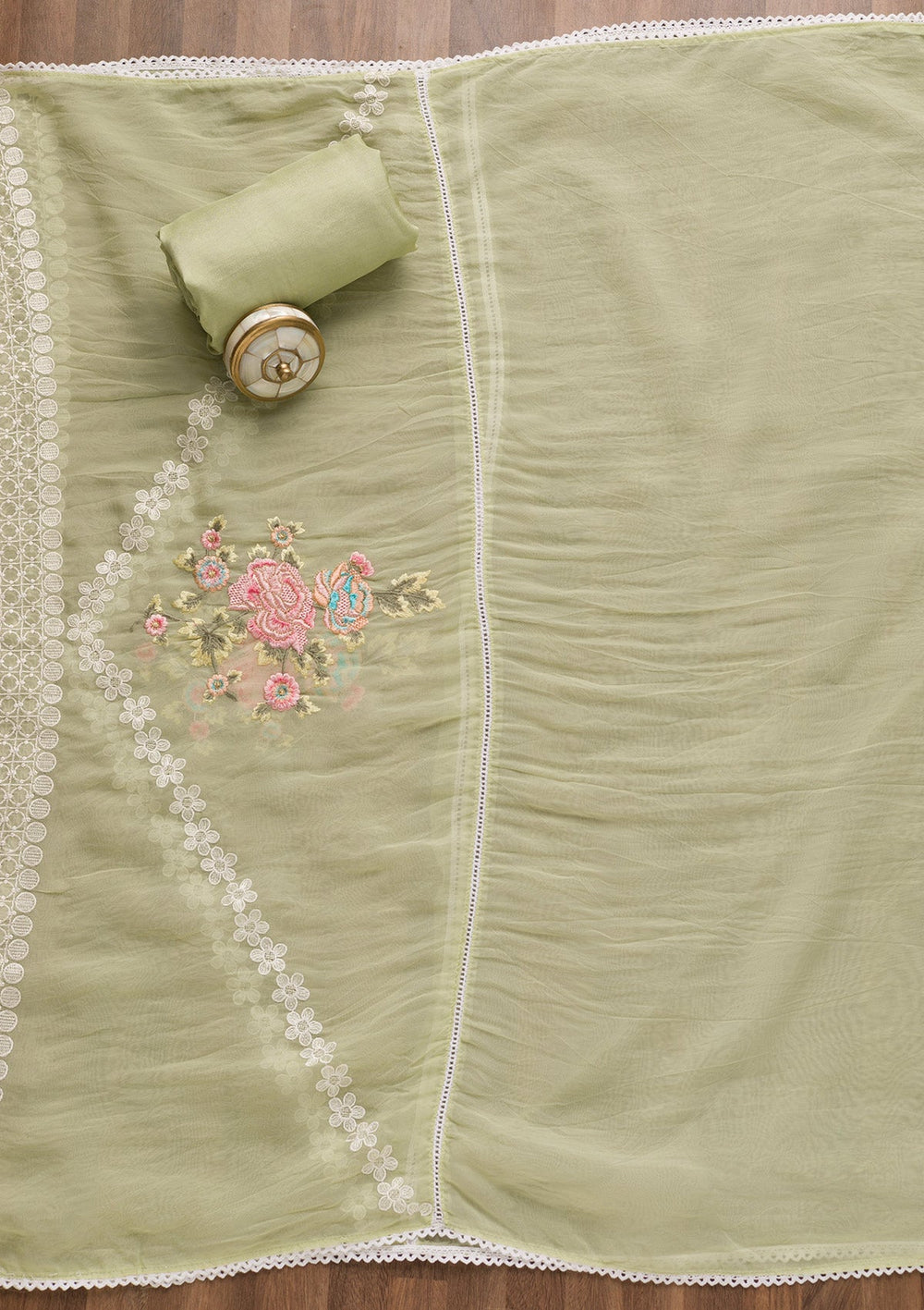 Pista Green Threadwork Tissue Unstitched Salwar Suit-Koskii